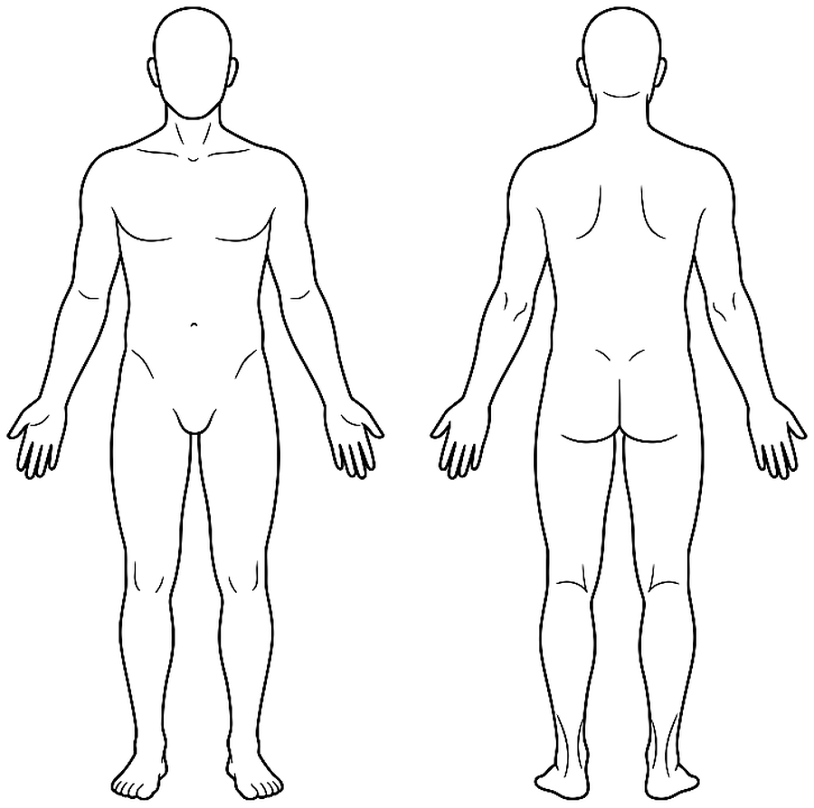 Body outline, front and back, to mark skin findings on