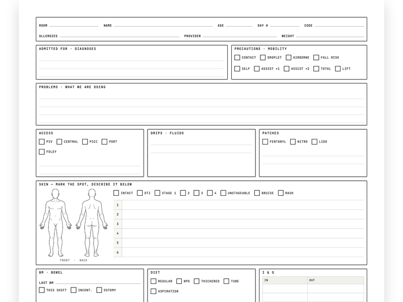 The one-patient report sheet, filled with blank blocks